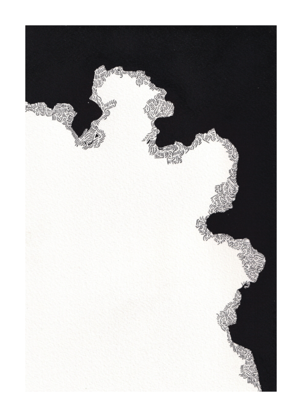 L'image représente un tableau abstrait à l'encre noire sur fond blanc. C'est une oeuvre de l'artiste peintre Maeva J., son titre est "Cadence".
