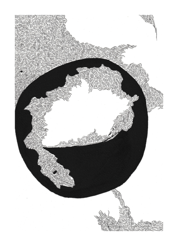 L'image représente un tableau abstrait à l'encre noire sur fond blanc. C'est une oeuvre de l'artiste peintre Maeva J., son titre est "Conscience". 
