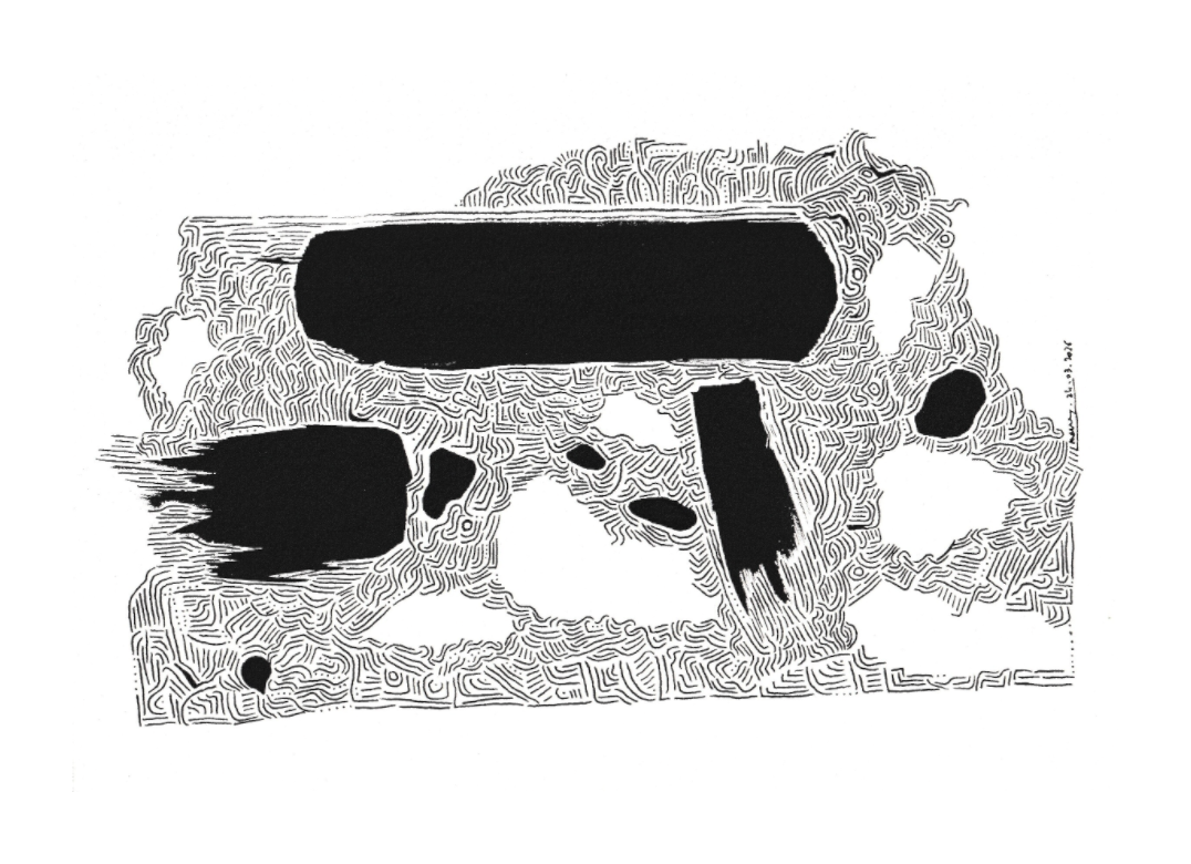 L'image représente un tableau abstrait à l'encre noire sur fond blanc. C'est une oeuvre de l'artiste peintre Maeva J., son titre est "Mémoire".