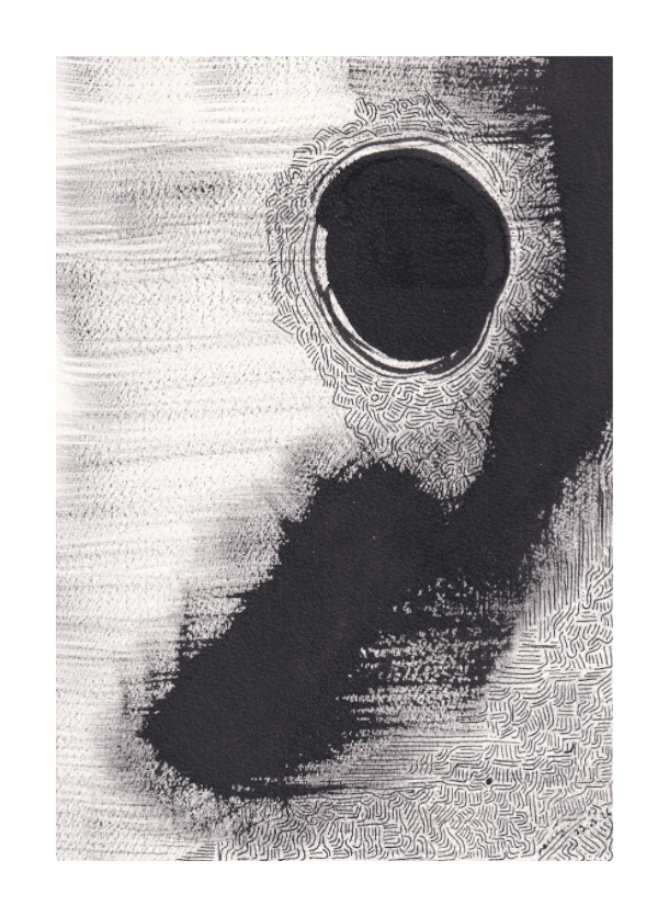L'image représente un tableau abstrait à l'encre noire sur fond blanc. C'est une oeuvre de l'artiste peintre Maeva J., son titre est "Mirage". 