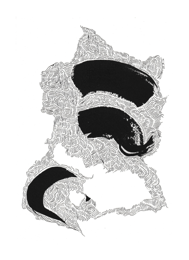 L'image représente un tableau abstrait à l'encre noire sur fond blanc. C'est une oeuvre de l'artiste peintre Maeva J., son titre est "Réinventer". 
