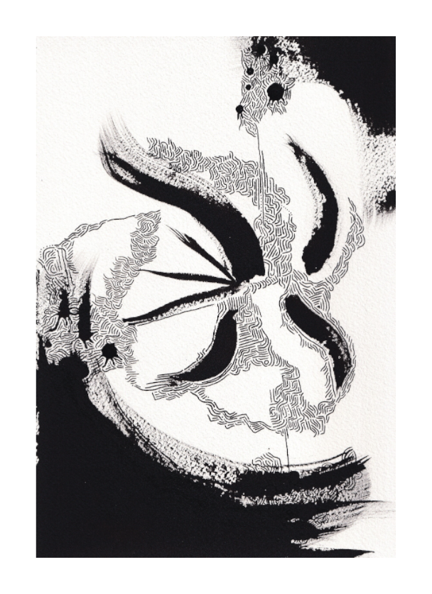 L'image représente un tableau abstrait à l'encre noire sur fond blanc. C'est une oeuvre de l'artiste peintre Maeva J., son titre est "Volition".