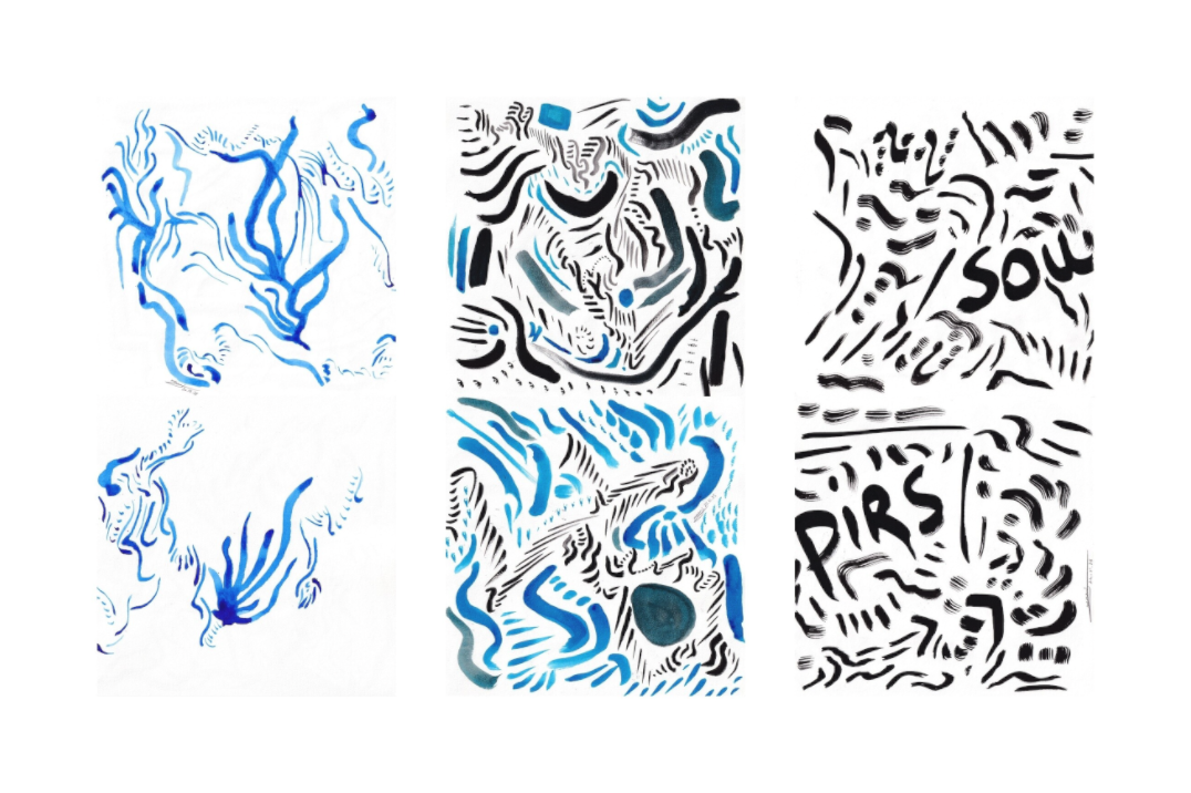 L'image représente un tableau triptyque abstrait à l'encre bleue et noire. C'est une oeuvre de l'artiste peintre Maeva J.