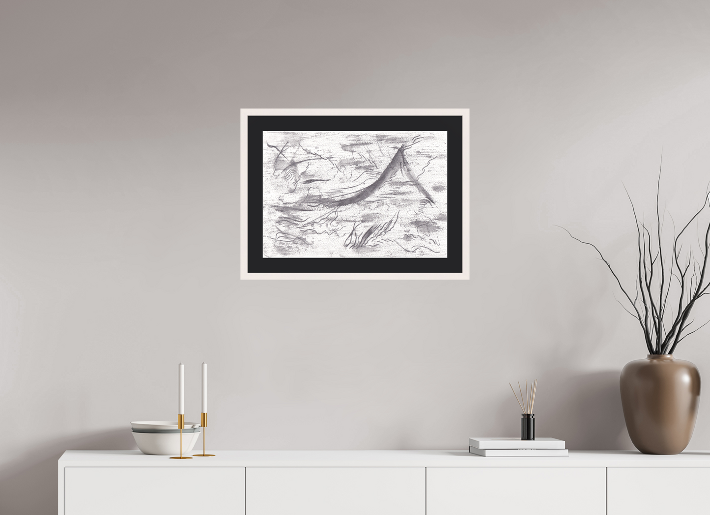 57,8 x 40 cm, Impression d'Art avec Cadre en bois "Blanc érable" et Passe-partout Noir adversitas