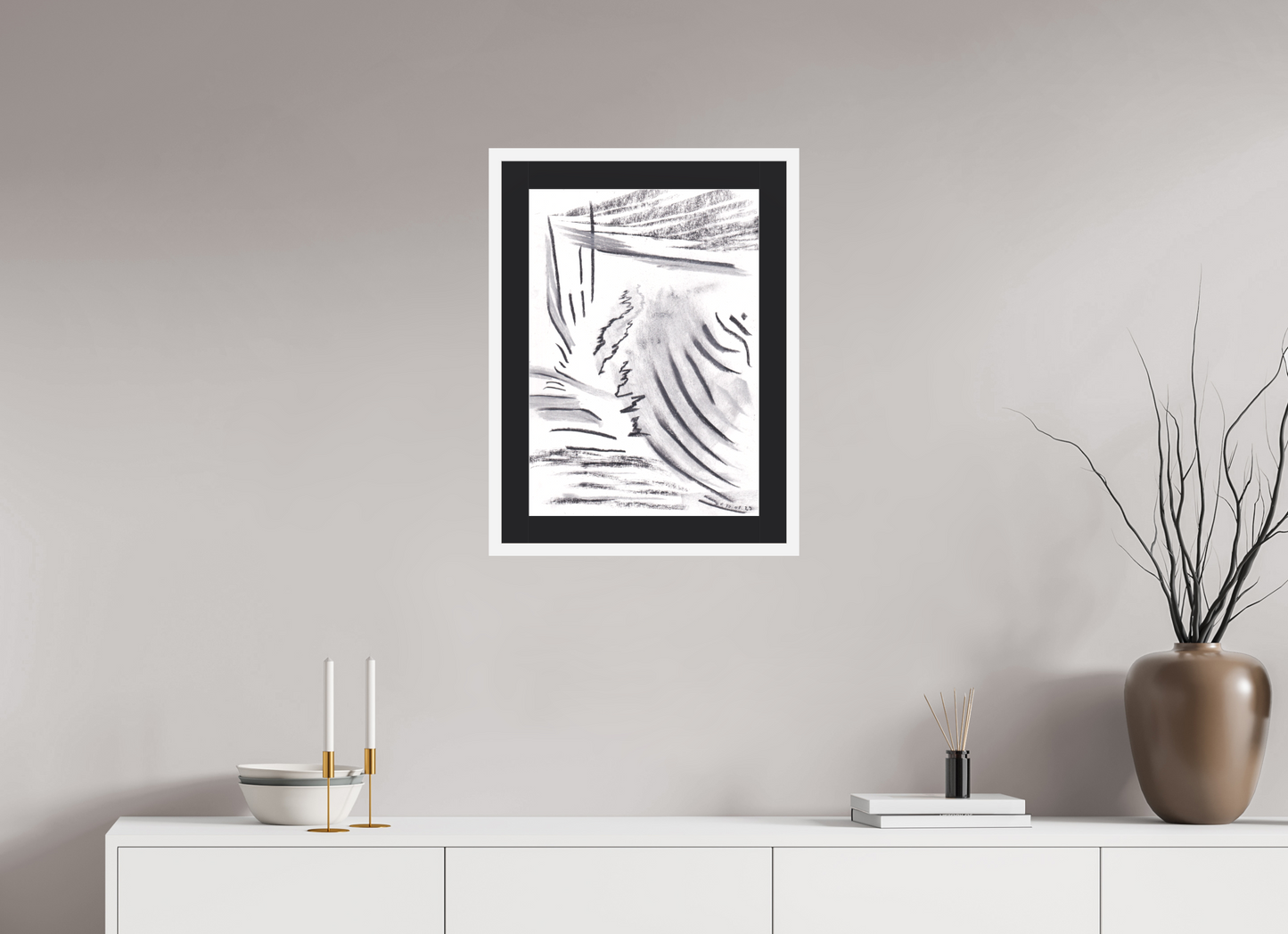 40 x 56,5 cm, Impression d'art avec Cadre en bois "Blanc mat" et Passe-partout Noir Aride