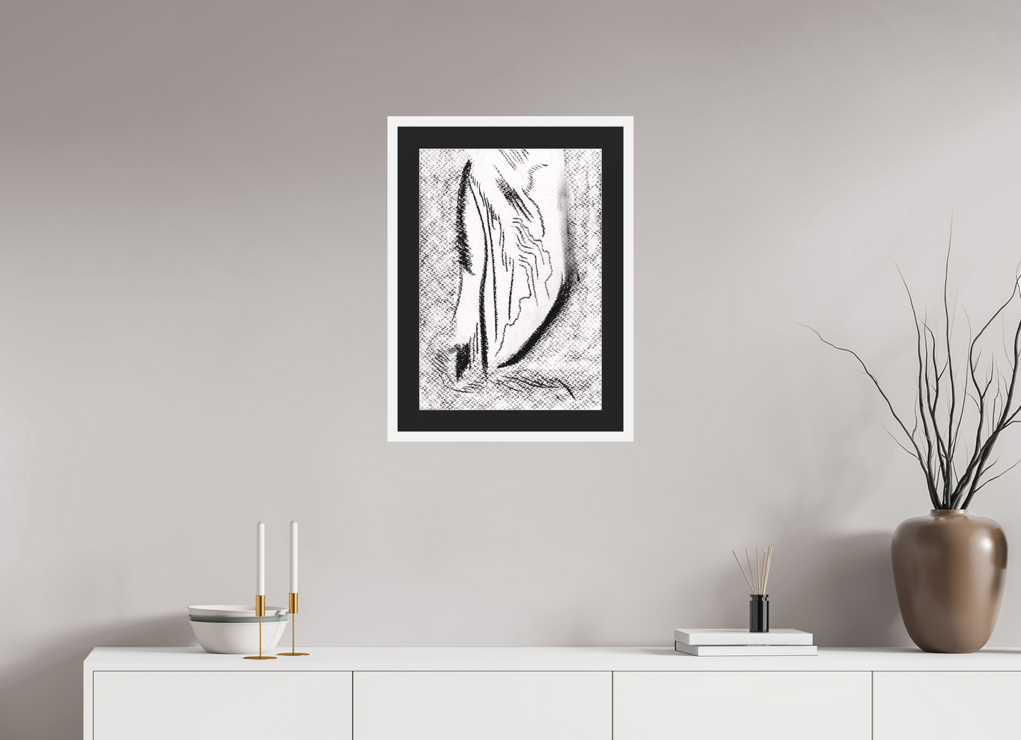 40 x 57 cm, Impression d'art avec Cadre en bois "Blanc mat" et Passe-partout Noir Aparté