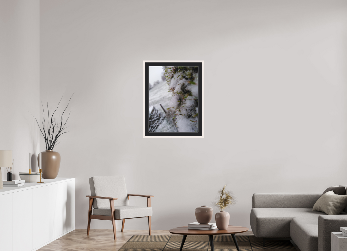 60 x 80 cm, Tirage photo avec Cadre en bois "Blanc érable" et Passe-partout Noir 09h53 ¤ Décembre