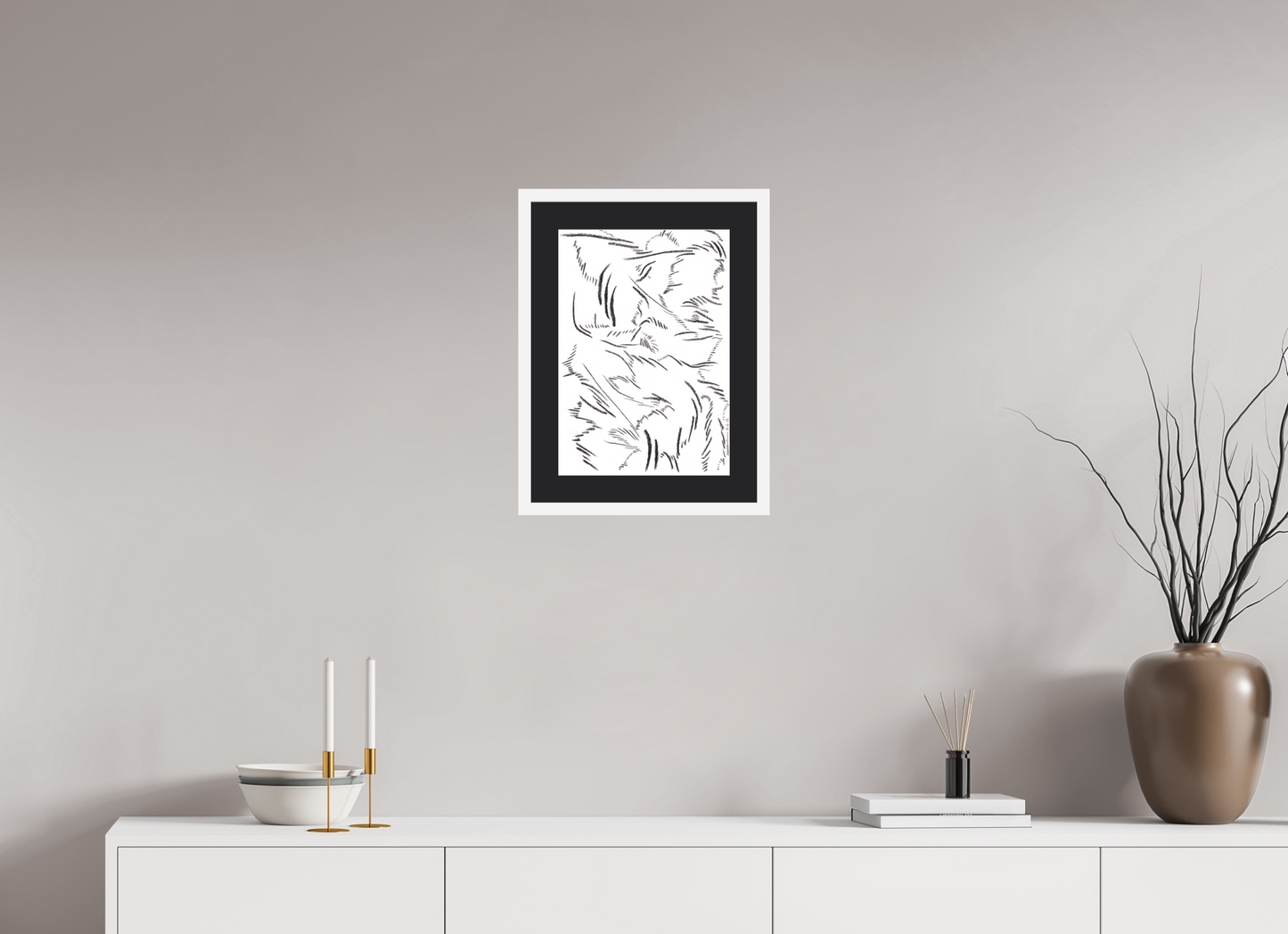 30 x 42,7 cm, Impression d'art avec Cadre en bois "Blanc mat" et Passe-partout Noir Sereine