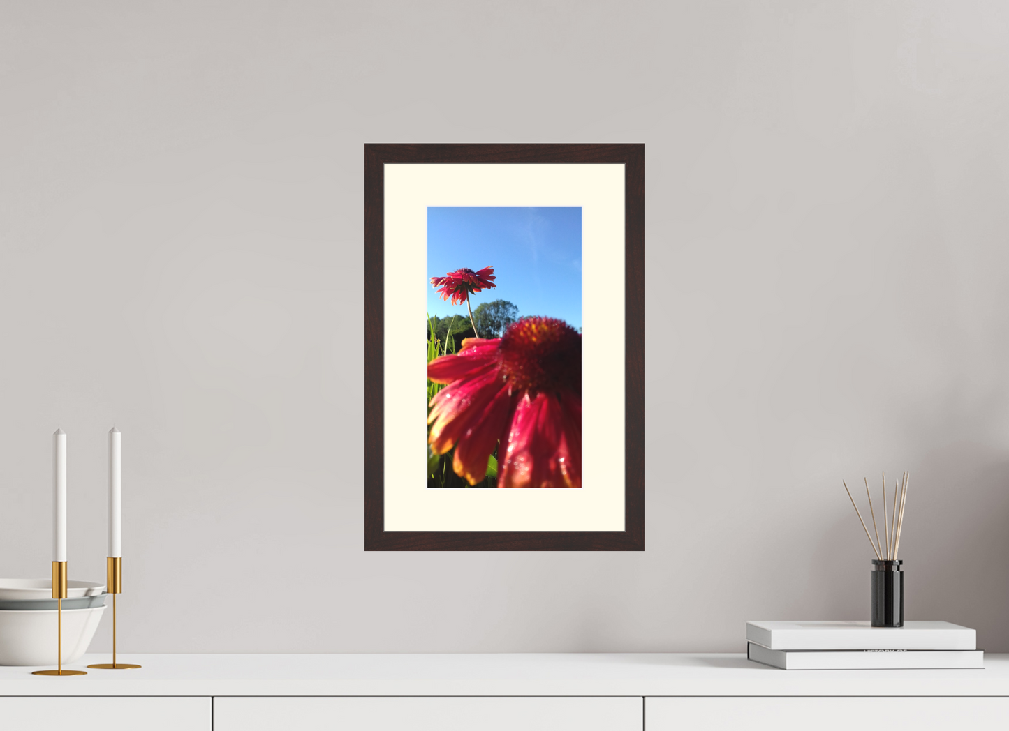 18 x 32 cm, Tirage photo avec Cadre en bois "Aulne brun" et Passe-partout Ivoire 07h42 ¤ Juin