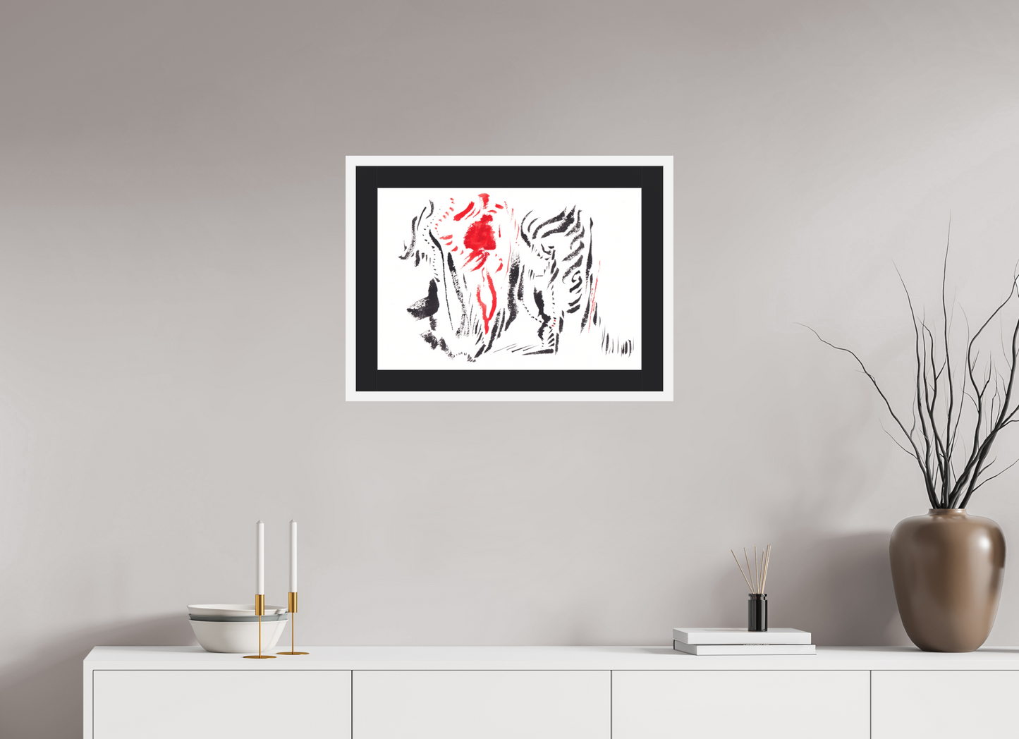 57,6 x 40 cm, Impression d'Art avec Cadre en bois "Blanc mat" et Passe-partout Noir Guérir