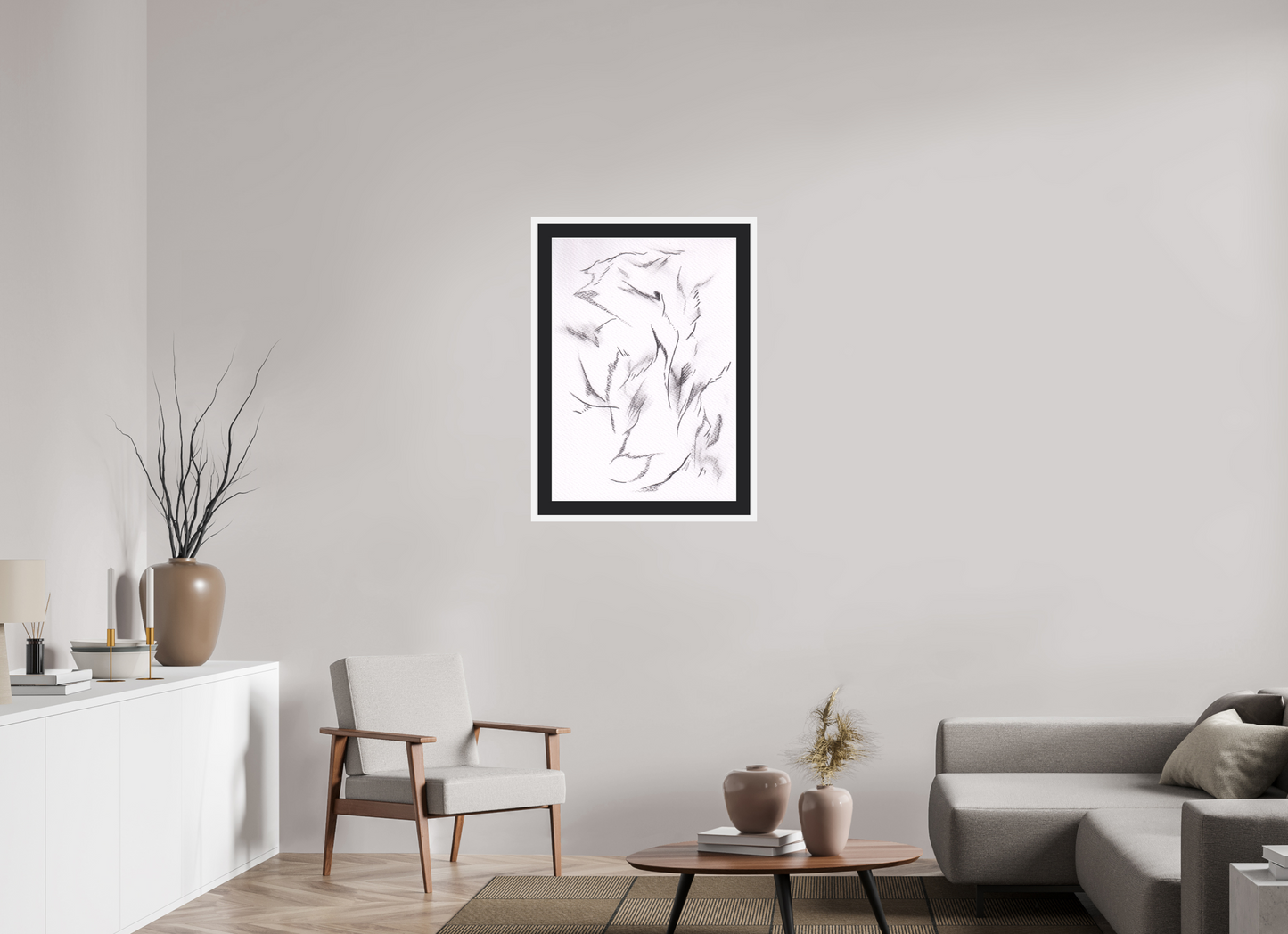 60 x 85,5 cm, Impression d'art avec Cadre en bois "Blanc mat" et Passe-partout Noir Nidim